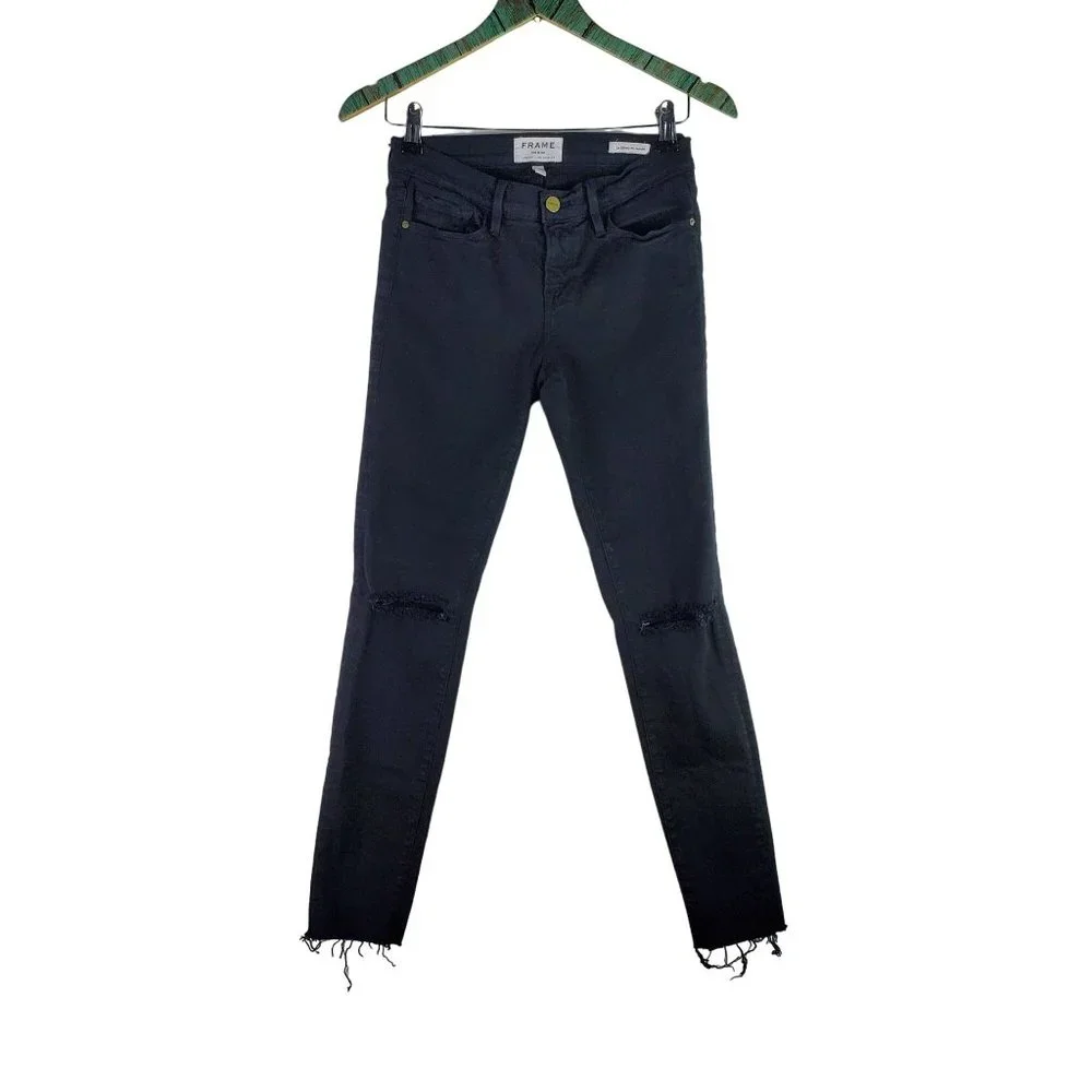 Frame Le Skinny De Jeanne Black Distressed Ripped Jeans, 26 - Picture 2 of 11